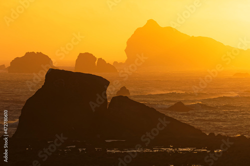 Long exposure on sea stacks at sunset, Crescent City, California