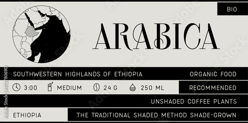Coffee, minimal label. Set of modern coffee tag, label for brand, logo, sticker coffee shop. Template design minimal label, tag with text modern font Arabica. Typographic tag. Vector Illustration