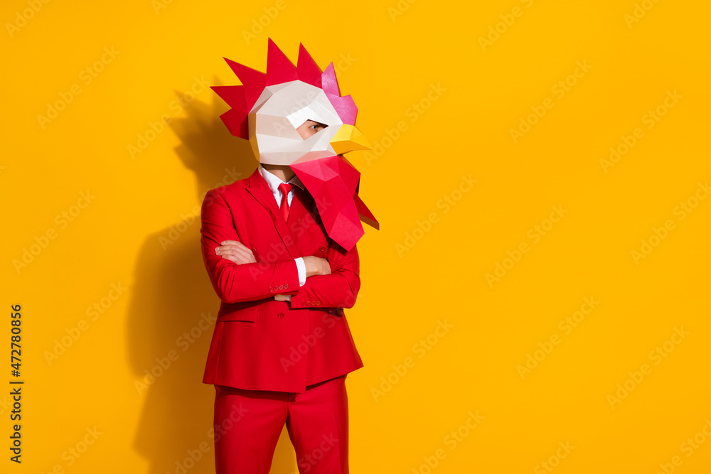 Photo of weird anonymous freelancer crossed arms wear rooster polygonal mask red tux isolated yellow color background