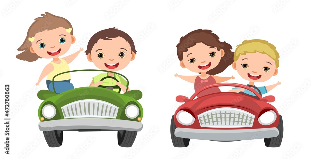 Set. Children drive a car. Kids. Race. Childrens pedal or electro automobile. Toy vehicle. With a motor. Good passenger car. Isolated over white background. Vector Set. Children drive a car. Kids. Race. Childrens pedal or electro automobile. Toy vehicle. With a motor. Good passenger car. Isolated over white background. Vector