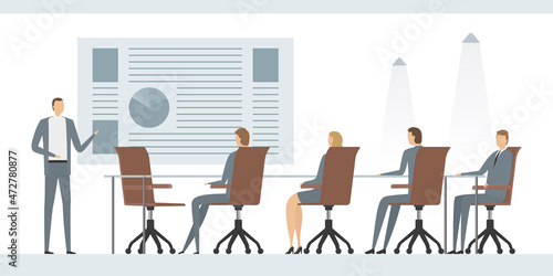 Directors seating at table in board room. Vector illustration.