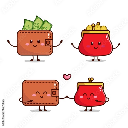 Illustration of cute wallet and coin purse. greeting and relationship. Kawaii vector design