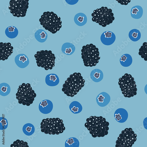 Fruit pattern with blackberries and blueberries on a blue background