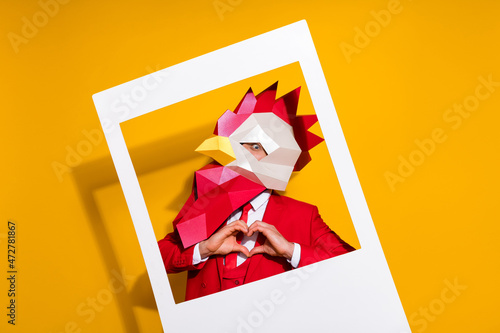 Photo of freak in love make momentary picture show heart wear cock mask red tux isolated yellow color background