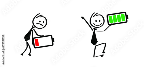 Life energy. Stickman, Businessman with red low battery and stick man, business man with green full level. Charge indicator pictogram. Happy and unhappy, Energetic, tired or exhausted symbol.  Cartoon