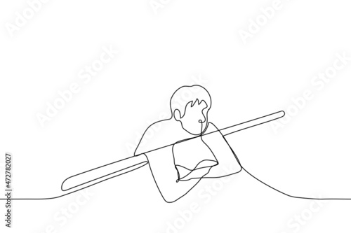 man hanging from wall with his arms crossed - one line drawing vector. concept of watching from behind the wall, too high for obstruction