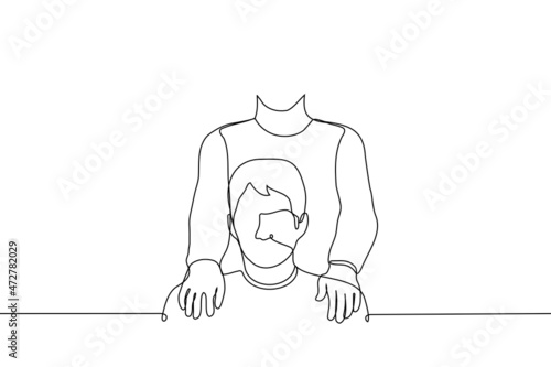 gloomy man sits on his shoulders put hands of man standing behind his back - one line drawing vector. concept of unwanted interference, sexual harassment, touching for non tactile person