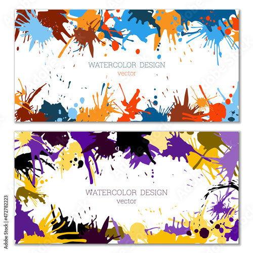 Splashes of paint. Blots. A set of two creative bright watercolor backgrounds. Banner  cover design. Artistic design in abstract style.