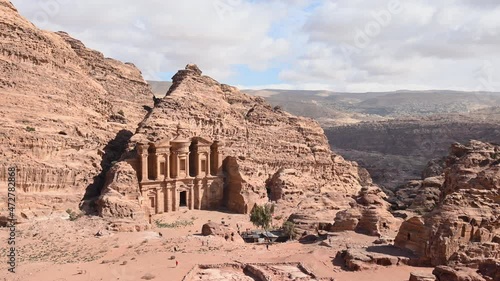 Stunning view of Ad-Deir, a monumental building carved out of rock in the ancient Jordanian city of Petra.