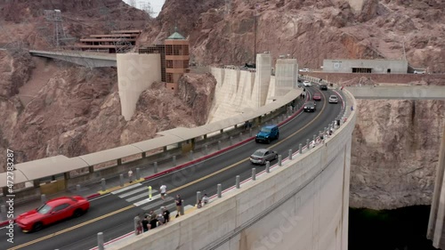 Aerial view of traffic on the Hoover Dam. 