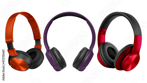 Headphones Wireless Electronic Gadget Set Vector. Headphones Audio Tool For Listening Dance Music Different Side. Bluetooth Accessory Device For Hearing Radio Template Realistic 3d Illustration