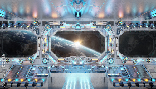 Fototapeta Naklejka Na Ścianę i Meble -  White spaceship interior with glowing blue and red lights. Futuristic spacecraft with large window view on planet Earth. 3D rendering
