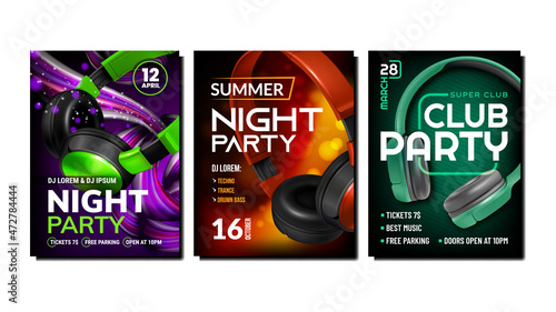 Night club music flyer set vector. Dj background banner. Abstract modern techno music. Electro beat brochure. 3d realistic illustration
