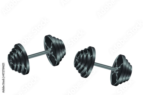 3d realistic perspective view fitness vector of two black iron loadable dumbbells on white background.