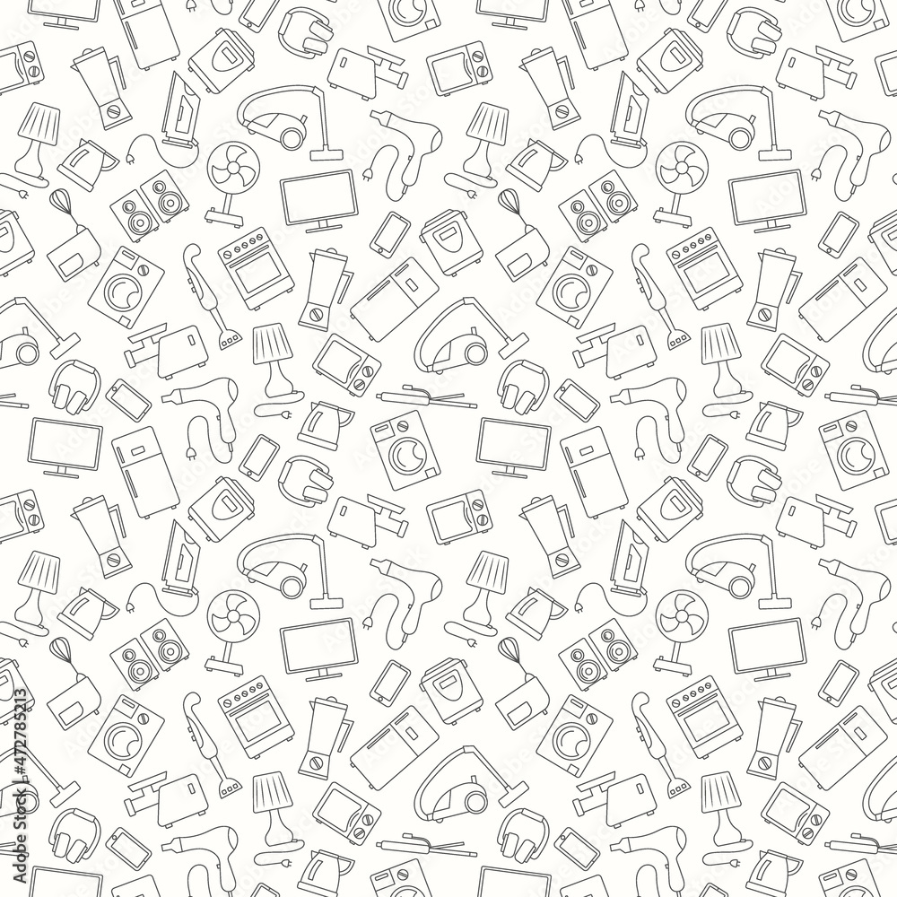 Fototapeta premium Seamless background with a simple contour icons on the topic of household appliances, a dark outline on a light background