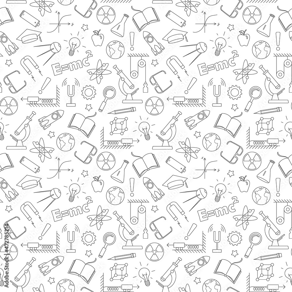 Seamless pattern on the theme of the subject of physics education, simple dark contour icons on white background Seamless pattern on the theme of the subject of physics education, simple dark contour icons on white background