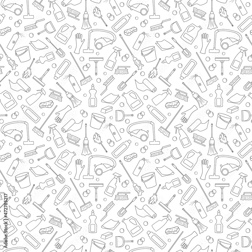 Seamless pattern on the theme of cleaning and household equipment and cleaning products, dark outline on a white background Seamless pattern on the theme of cleaning and household equipment and cleaning products, dark outline on a white background