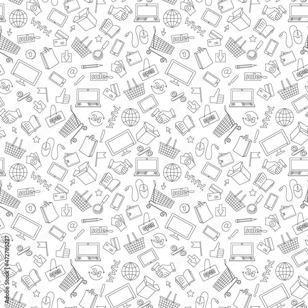 Seamless pattern on the theme of online shopping and Internet shops, dark contour icons on white background