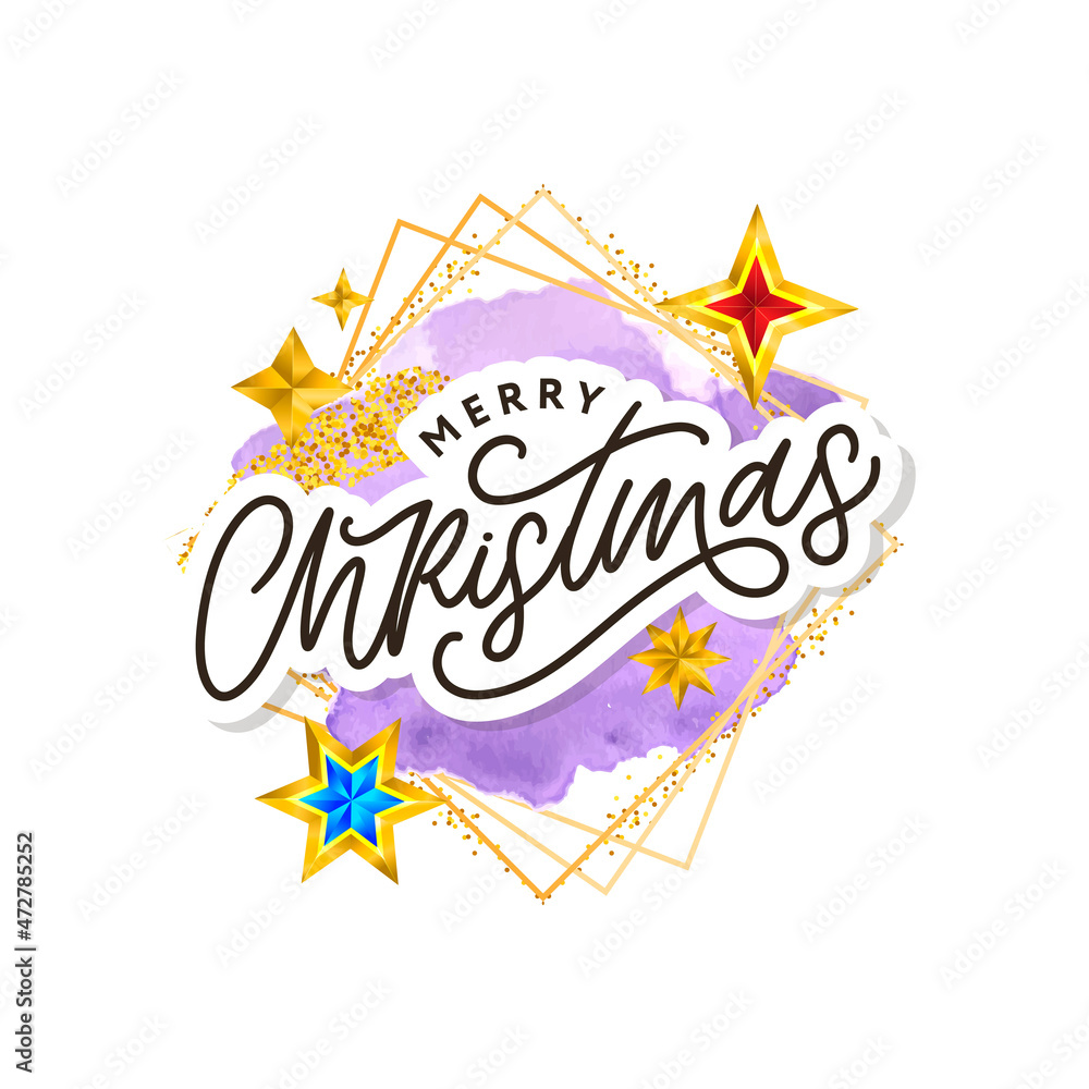 Merry Christmas text decorated with hand drawn lettering with gold stars. Greeting card design element. Vector typography. Merry Christmas text decorated with hand drawn lettering with gold stars. Greeting card design element. Vector typography.