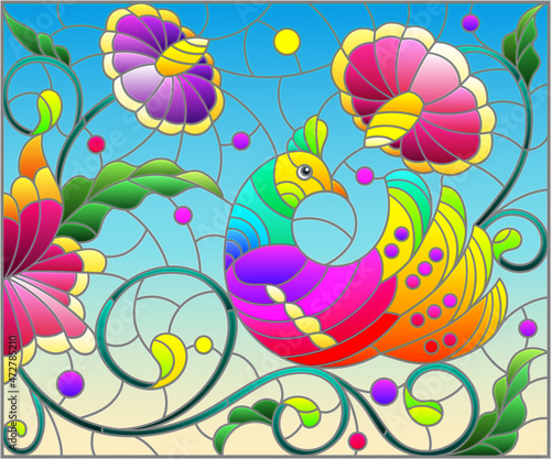 Stained glass illustration with a bright abstract bird on a background of leaves  flowers and blue sky  rectangular image
