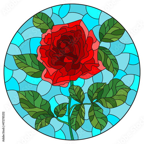 Illustration in stained glass style with a bright red roses flowers on a blue background, oval image