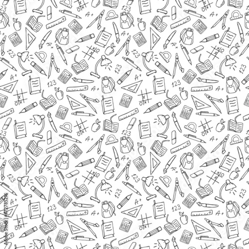 Seamless pattern on the theme of the school, a simple hand-drawn contour icons on white background