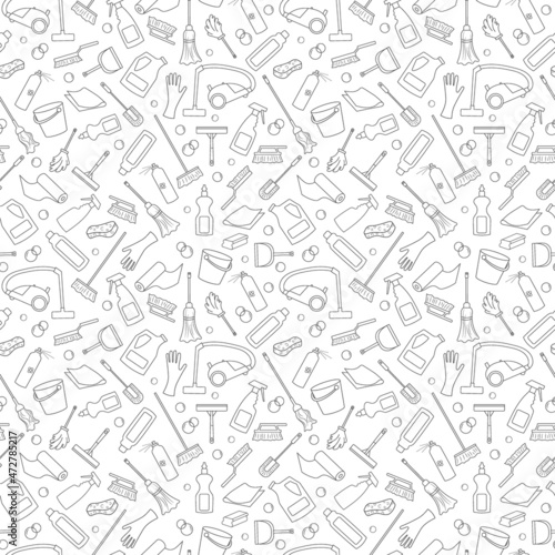  Seamless pattern on the theme of cleaning and household equipment and cleaning products, dark outline on a white background