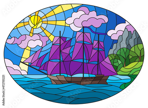 Illustration in stained glass style with sailboats with purple sails against the sky, the sea and the sunrise