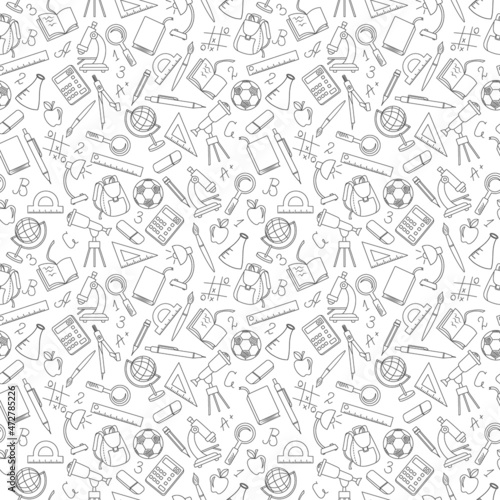 Seamless pattern on the theme of the school, a simple contour icons, dark outline on a light background © Zagory