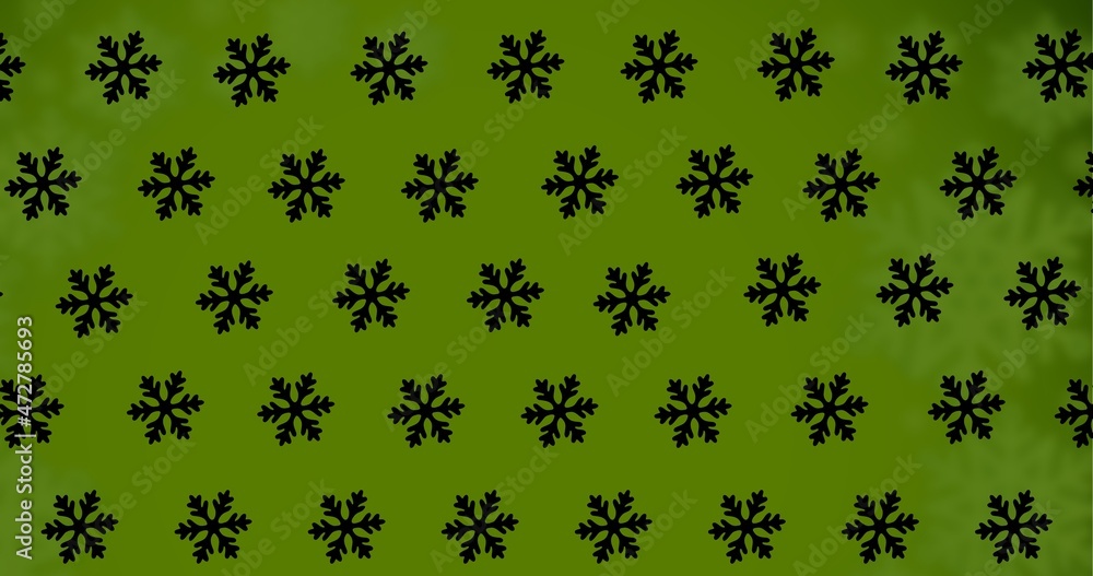 Digitally generated image of snowflakes pattern with copy space on green background Digitally generated image of snowflakes pattern with copy space on green background