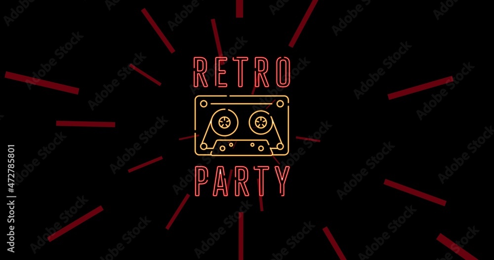 Digitally generated image of retro party text and cassette with copy space over black background Digitally generated image of retro party text and cassette with copy space over black background