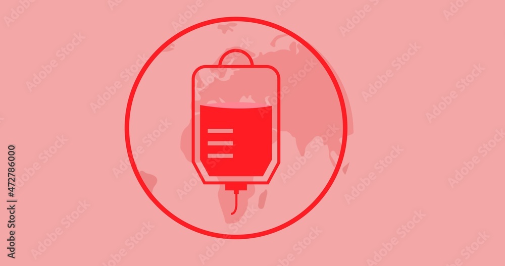 Digital composite of blood bag on planet earth with red outline over pink background Digital composite of blood bag on planet earth with red outline over pink background