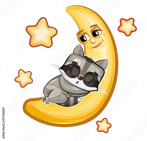 Kid Raccoon sleeps on the moon. Dreaming a dream. Childrens illustration. Funny. The baby animal fell asleep. Cartoon style picture. Isolated on white background. Vector