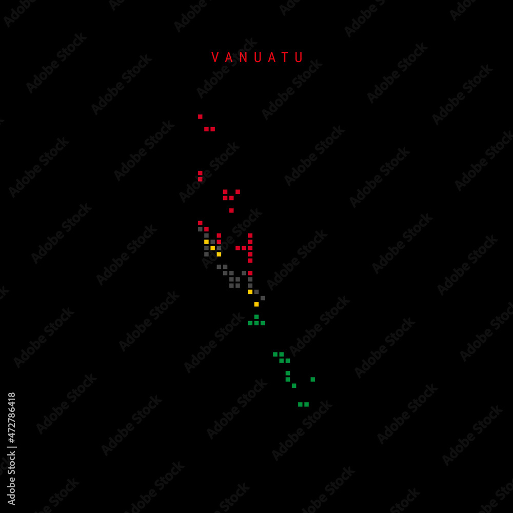 Square dots pattern map of Vanuatu. Vanuatuan dotted pixel map with national flag colors isolated on black background. Vector illustration. Square dots pattern map of Vanuatu. Vanuatuan dotted pixel map with national flag colors isolated on black background. Vector illustration.