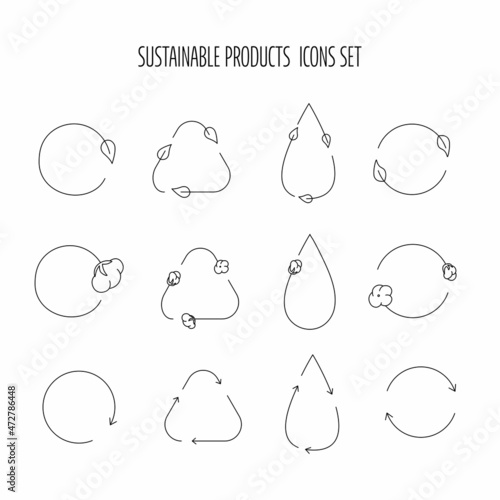 Sustainable fibers set with icon and sign for eco friendly, natural fabric product, clothing packaging. Vector stock illustration isolated on white background. 
