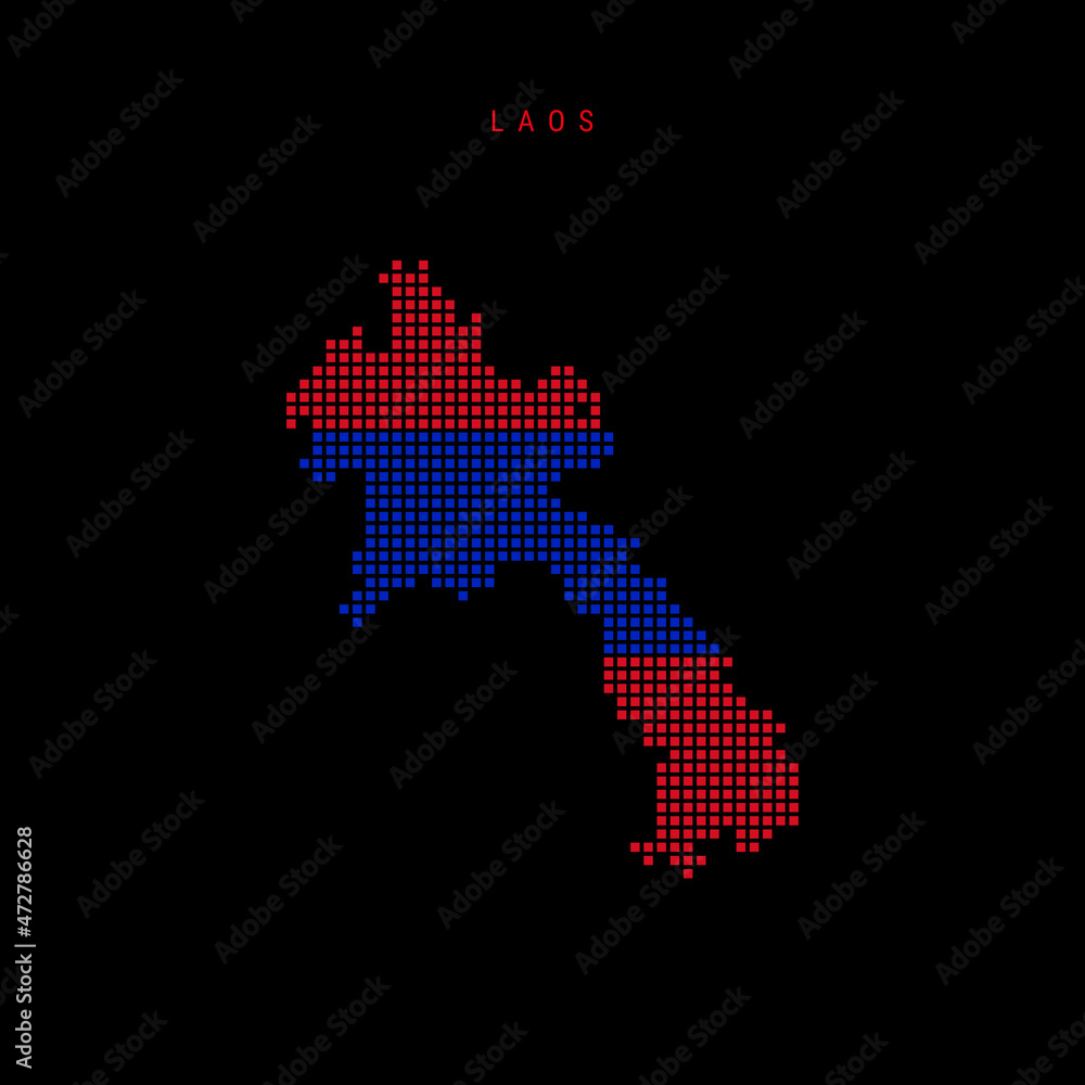 Square dots pattern map of Laos. Laotian dotted pixel map with national flag colors isolated on black background. Vector illustration. Square dots pattern map of Laos. Laotian dotted pixel map with national flag colors isolated on black background. Vector illustration.