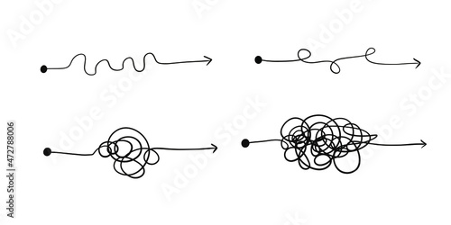 Complex and easy simple way from start to end vector illustration set. Chaos simplifying, problem solving and business solution searching challenge concept. Hand drawn doodle scribble chaos path lines