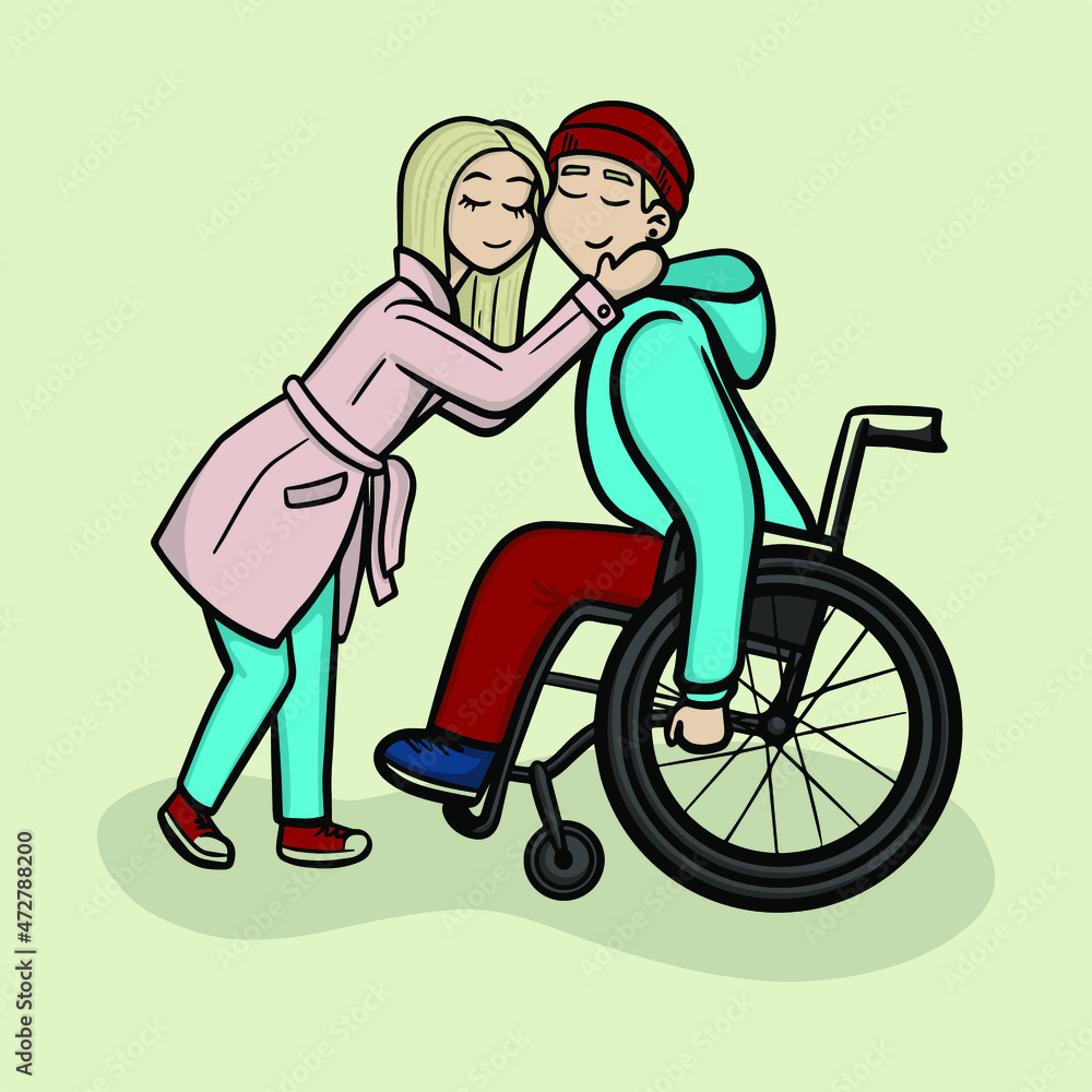 Inclusive couple in love. Man in a wheelchair with his girlfriend Inclusive couple in love. Man in a wheelchair with his girlfriend