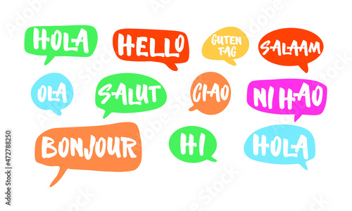 Text with word hello in different languages. French bonjur and salut, spanish hola, japanese konnichiwa, chinese nihao and other greetings. Handwritten background for hotels or school photo