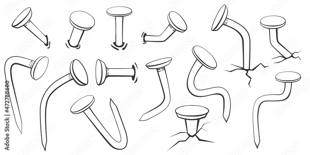 Cartoon bent nails outlines. Set of Isolated nails. Carpentry concept doodle handdraw isolated on white background. Construction vector illustration Cartoon bent nails outlines. Set of Isolated nails. Carpentry concept doodle handdraw isolated on white background. Construction vector illustration