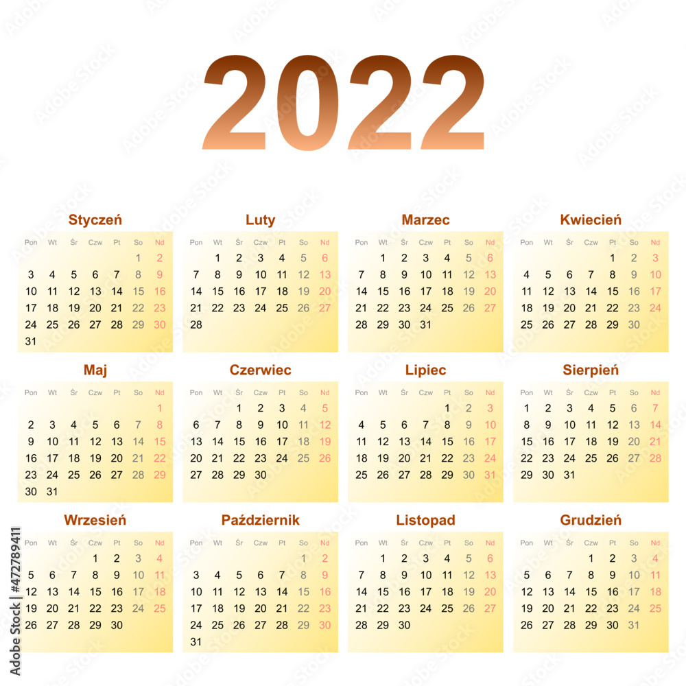 Calendar for 2022 year with polish characters, yellow gradient