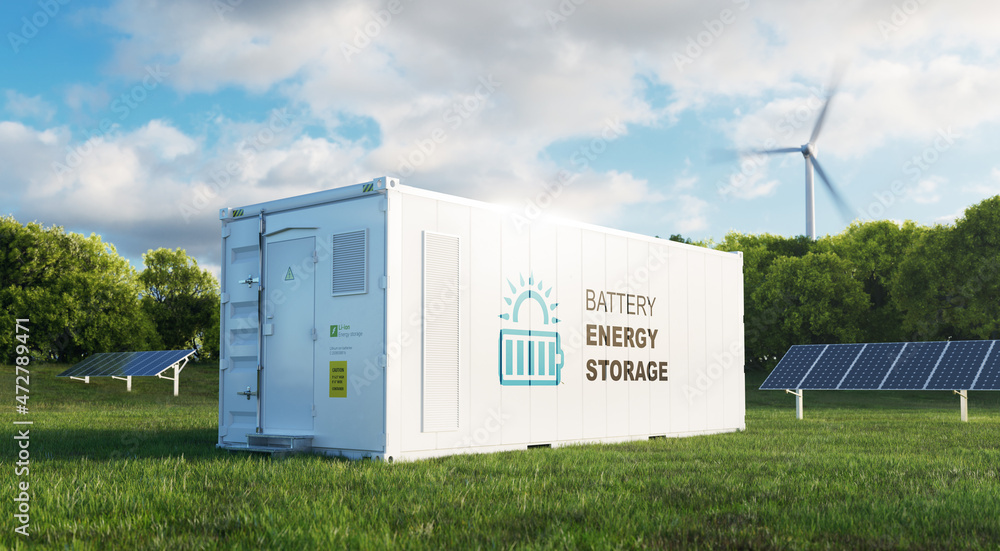 concept of a modern high-capacity battery energy storage system in a container located in the middle of a lush meadow with a forest in the background. 3d rendering - obrazy, fototapety, plakaty 
