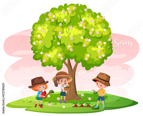 Isolated tree with flowers and children cartoon character