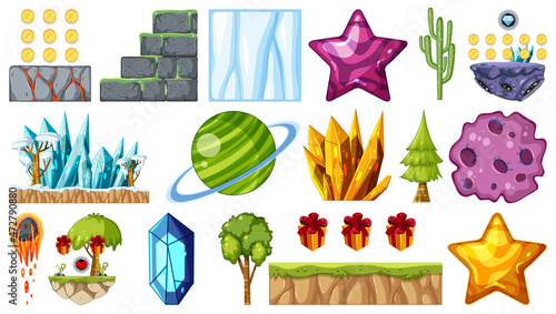 Isolated fantasy space game objects and elements set