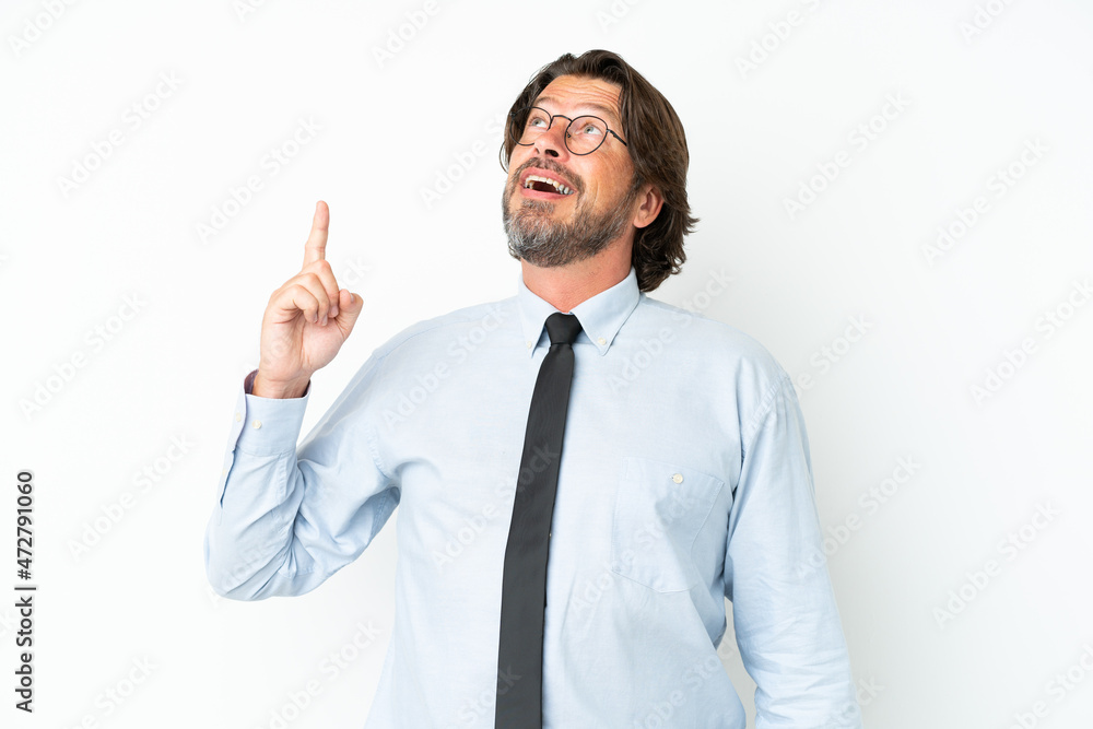 Senior dutch business man isolated on white background pointing up and surprised Senior dutch business man isolated on white background pointing up and surprised