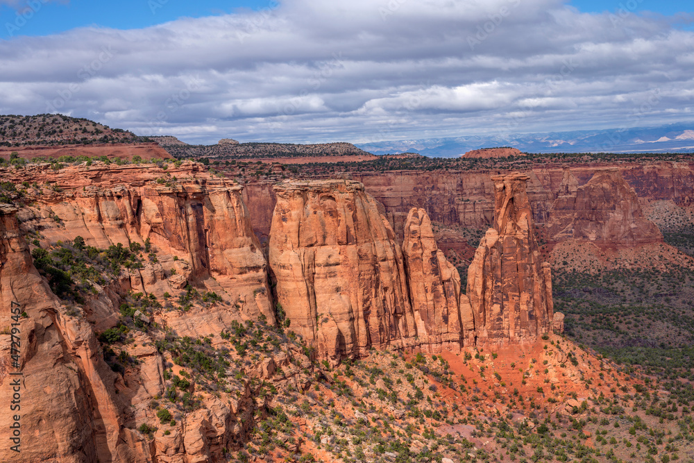 USA, Colorado. Colorado National Monument, sandstone towers rise from base of Monument Canyon, Monument Canyon Overlook.