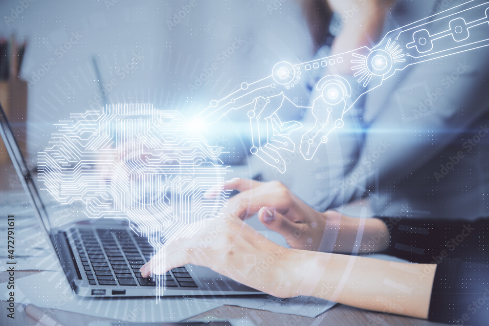 Multi exposure of woman hands working on computer and brain hologram drawing. Ai concept. Multi exposure of woman hands working on computer and brain hologram drawing. Ai concept.