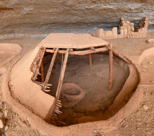 USA, Colorado. Mesa Verde National Park, Reconstructed Pit House, a basketmaker site, at Step House Ruin on Wetherill Mesa. photo