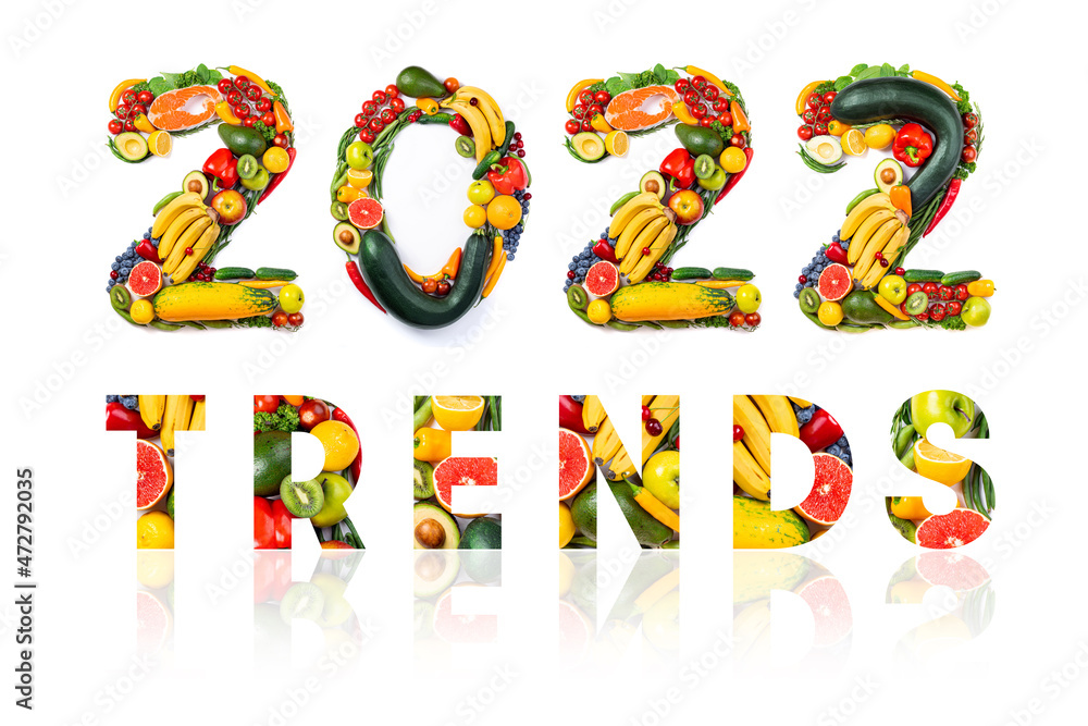 New year 2022 food trends. New Year 2022 made of vegetables, fruits and