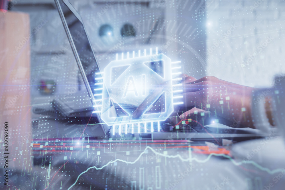 Double exposure of woman hands working on computer and data theme hologram drawing. Tech concept. Double exposure of woman hands working on computer and data theme hologram drawing. Tech concept.